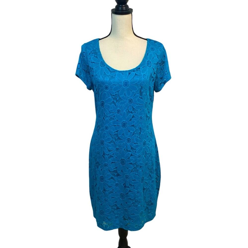 Tiana B Teal Stretch Lace Cap Sleeve Scoop Neck Dress Large